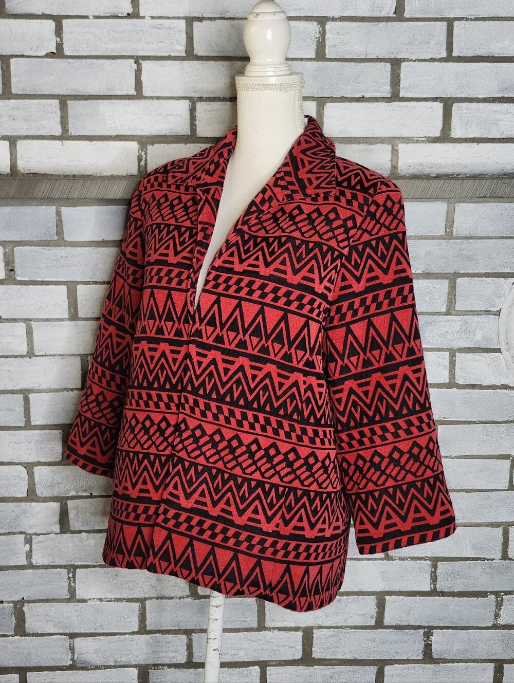 Alfred Dunner Women's Red Black 3/4 Sleeve Cotton Blend Lined Blazer Size 10